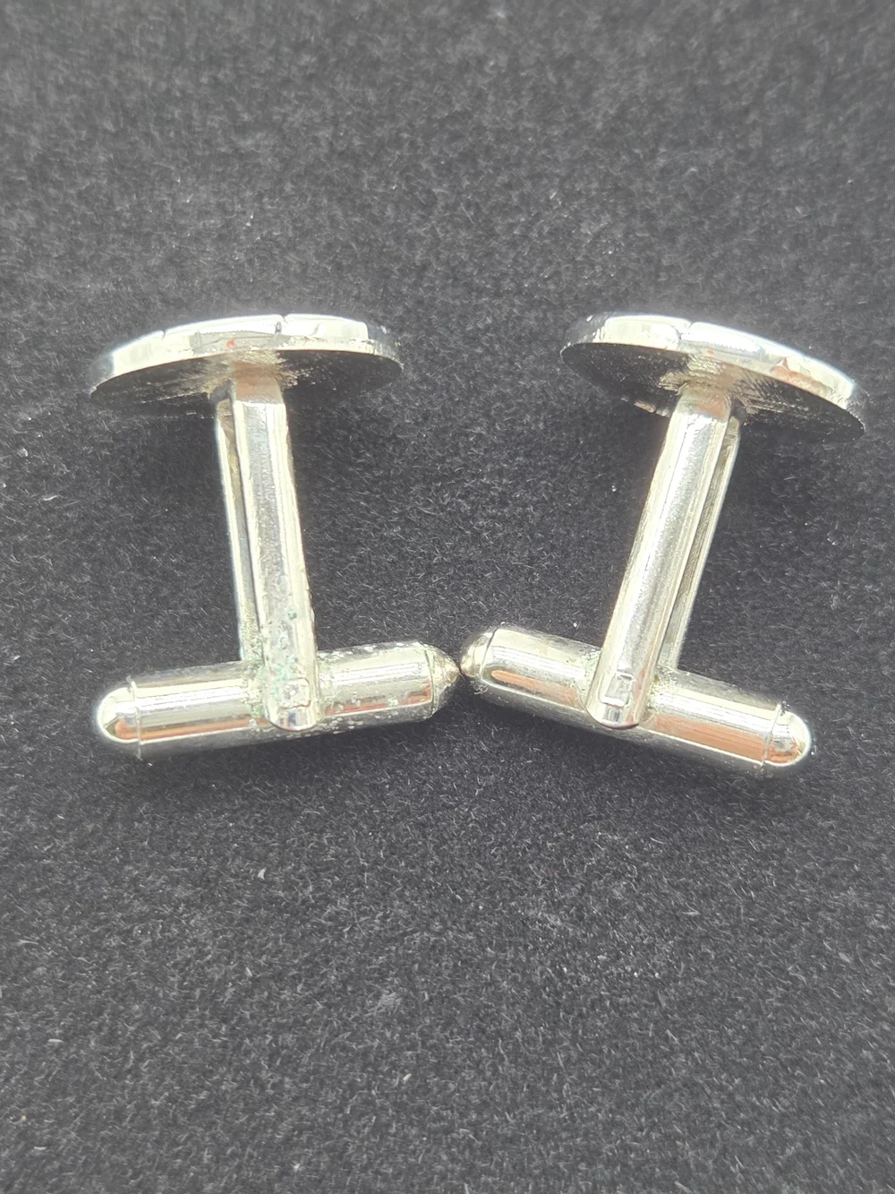 Men's Silver Tone Round Cufflinks Black Center Engraved Border Swivel Back